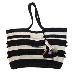 Stella & Dot Black & White Stripe Woven Taj Large Fringed Tote Bag Women's Purse